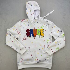 Rebel Minds Hoodie Mens Medium White Sauce Drip Chenille Paint Splatter